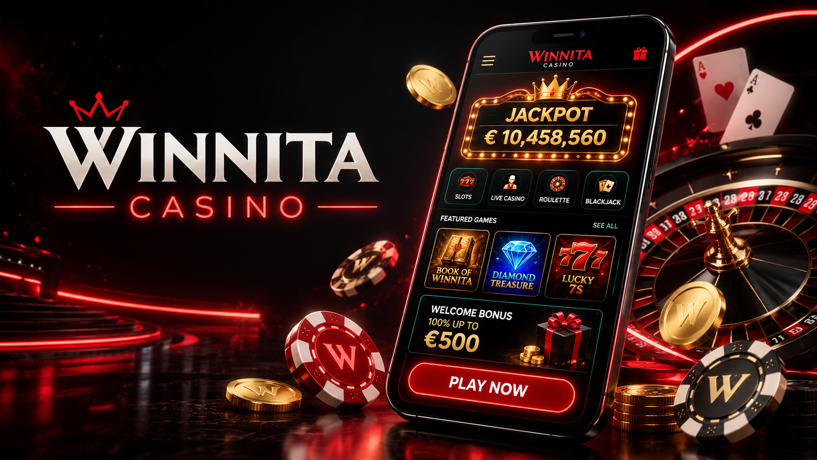 Visuale principale Winnita Casino con smartphone, roulette e monete